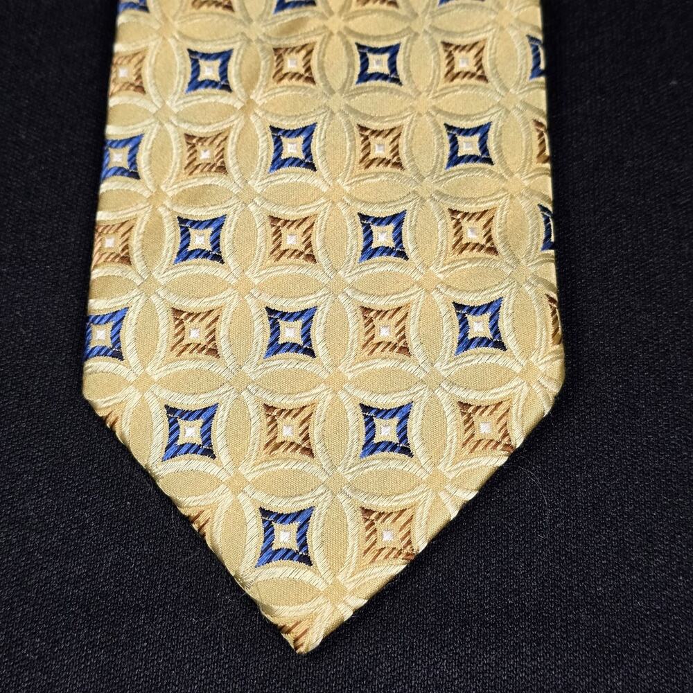 Peacock Tie Men's Gold Blue Brown Geometric 100% Pure Silk Handmade